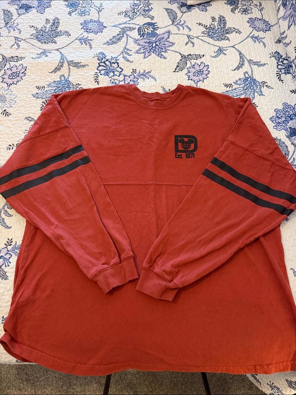 Disney Rust Red Long Sleeve Tee with Black Sleeve Stripes
